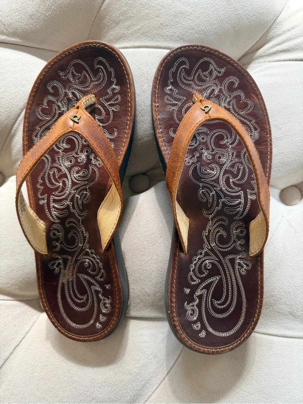 OluKai Brown and Tan Leather Embroidered Flip Flop Sandals - Women